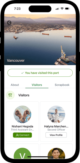 Maritime port directory with location details and visitor check-ins
